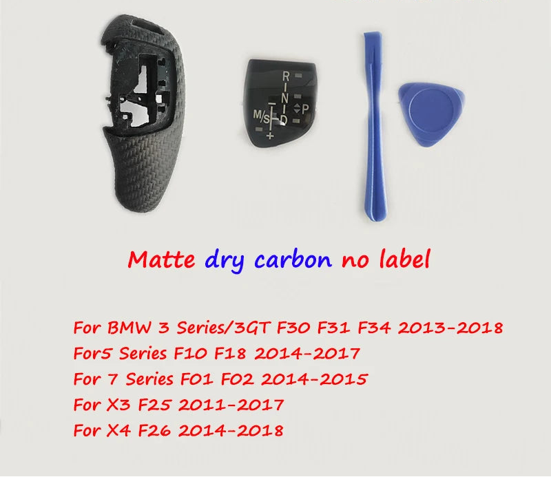 Kit de pommeau BMW en finition matte dry carbon sans inscription pour conduite à gauche, avec accessoires et compatibilités