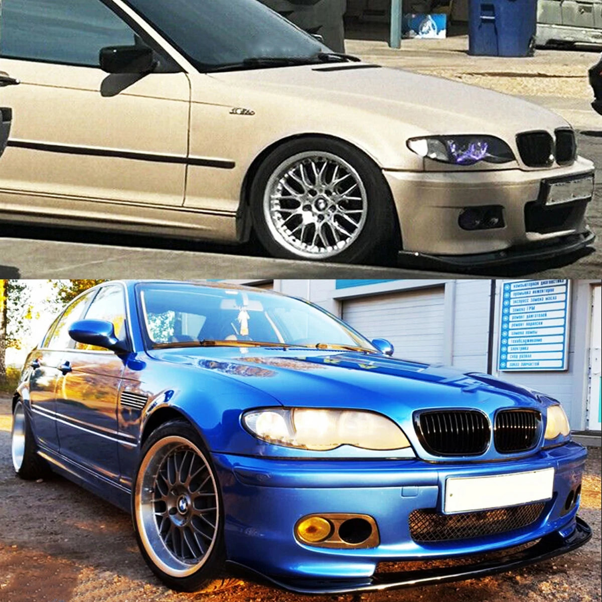 Aperçu du rendu de la lame de pare chocs avant BMW E46 4 portes look M3 montée sur deux véhicules