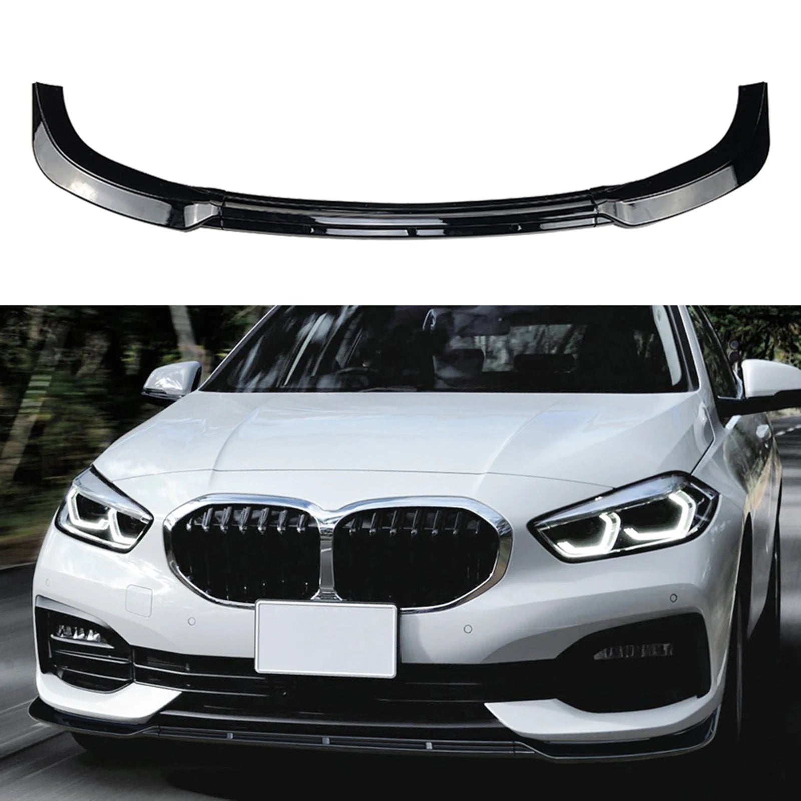 Lame de pare-chocs avant pour BMW Série 1 F40 présentée seule avec aperçu du rendu monté sur le véhicule