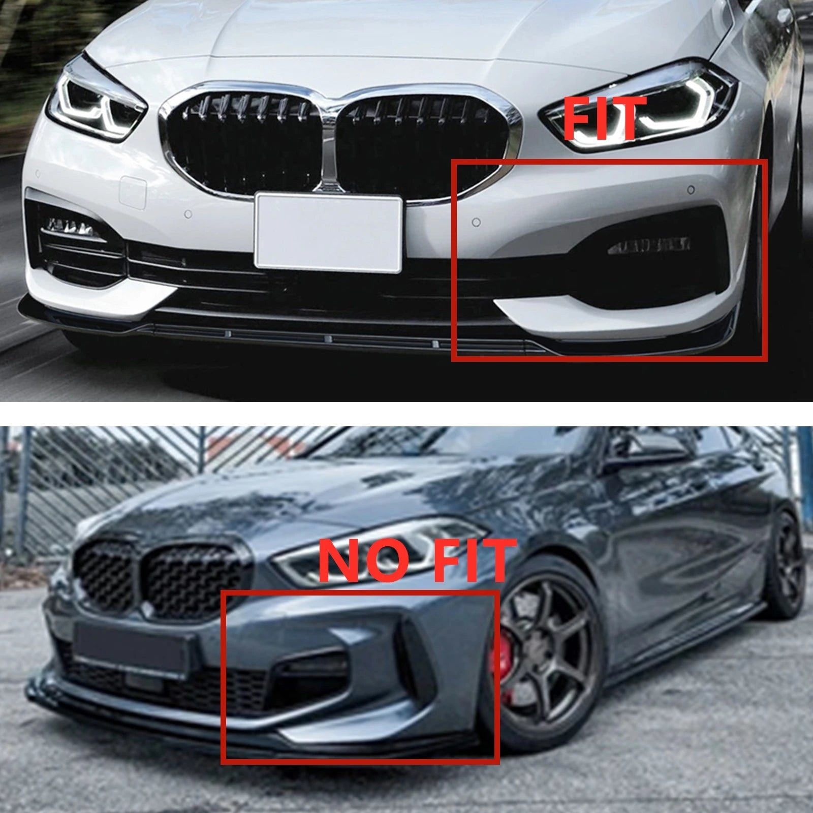Comparaison de compatibilité de la lame de pare-chocs avant sur BMW Série 1 F40 avec zone du pare-chocs mise en évidence