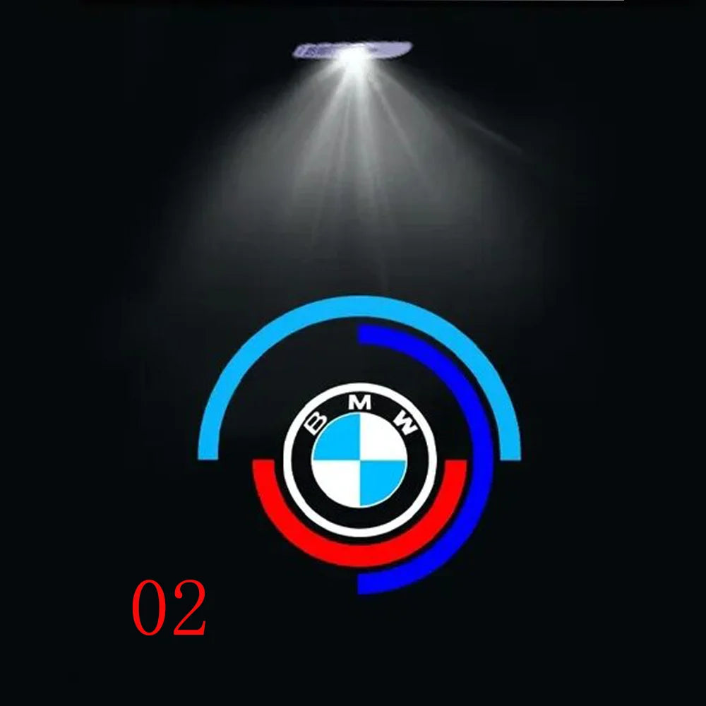 Visuel du style 02 pour projecteur LED de portière avec logo BMW entouré d’un cercle lumineux bleu et rouge