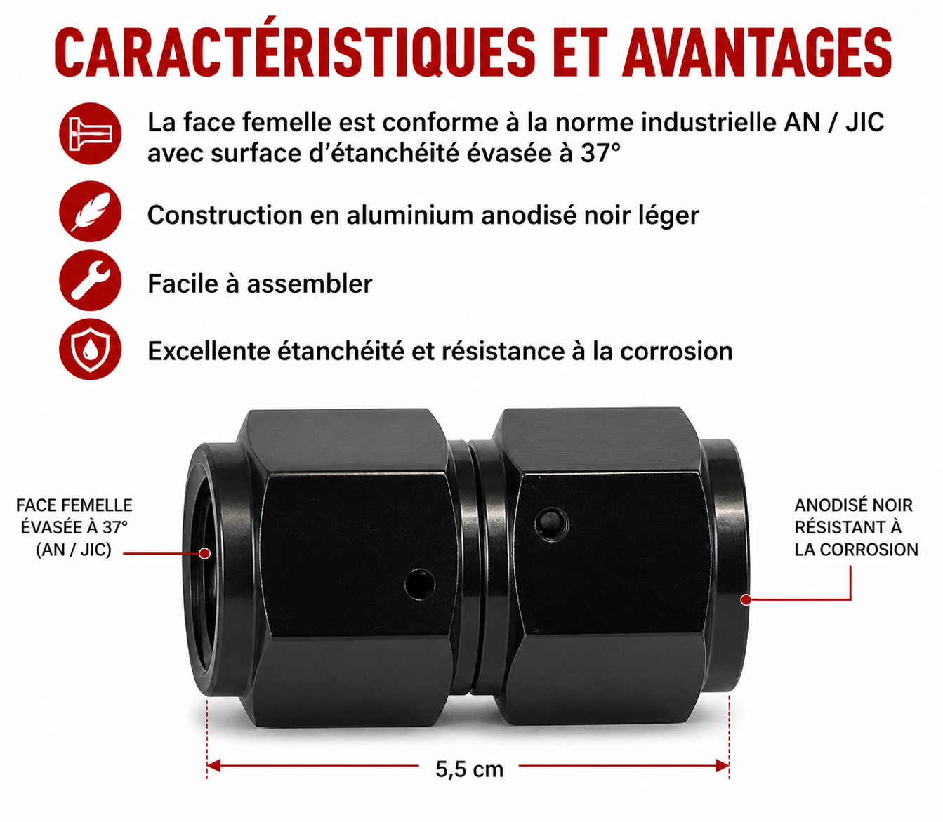Vue de profil du raccord droit femelle tournant AN noir