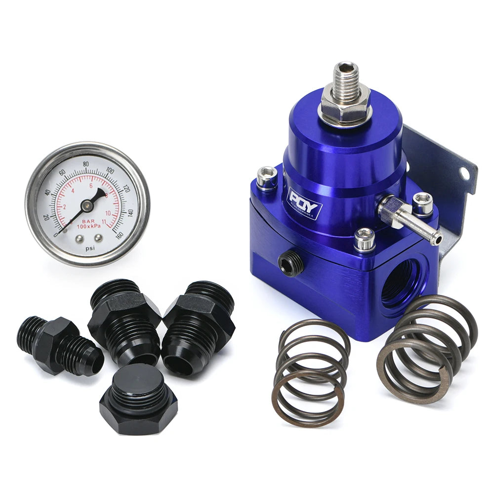 Régulateur de pression d’essence universel bleu avec manomètre, raccords et ressorts