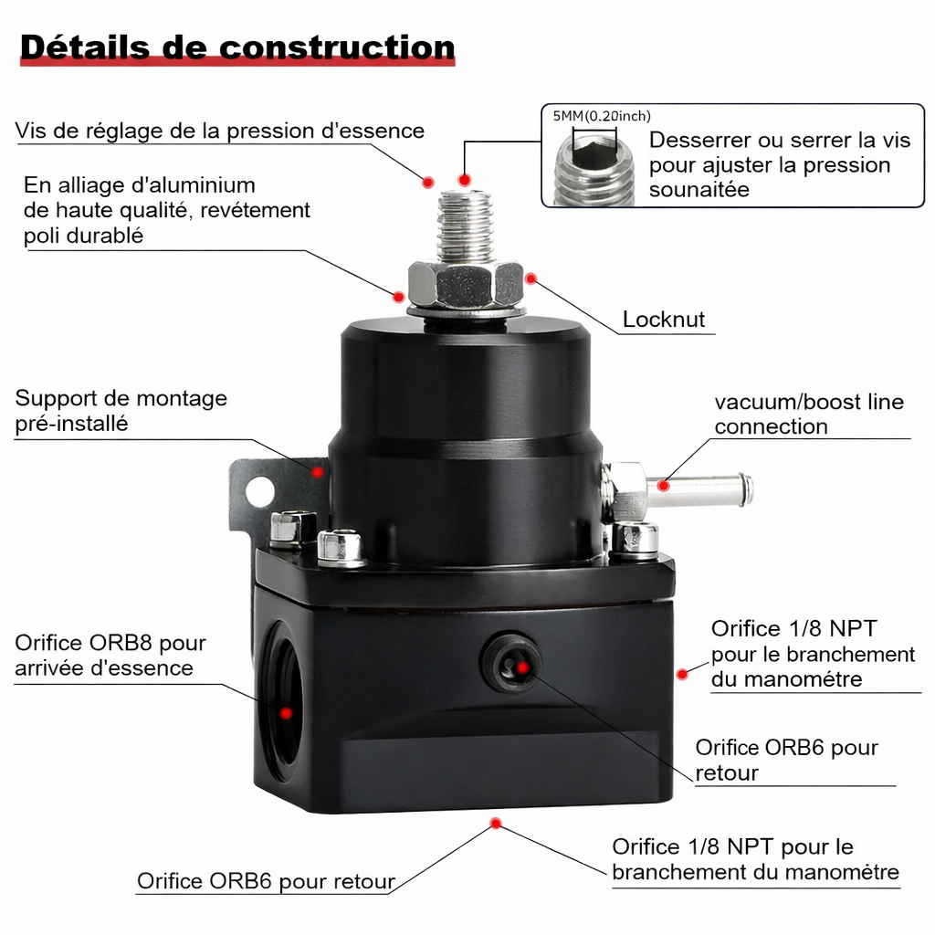 Détails de construction du régulateur de pression d’essence universel en aluminium