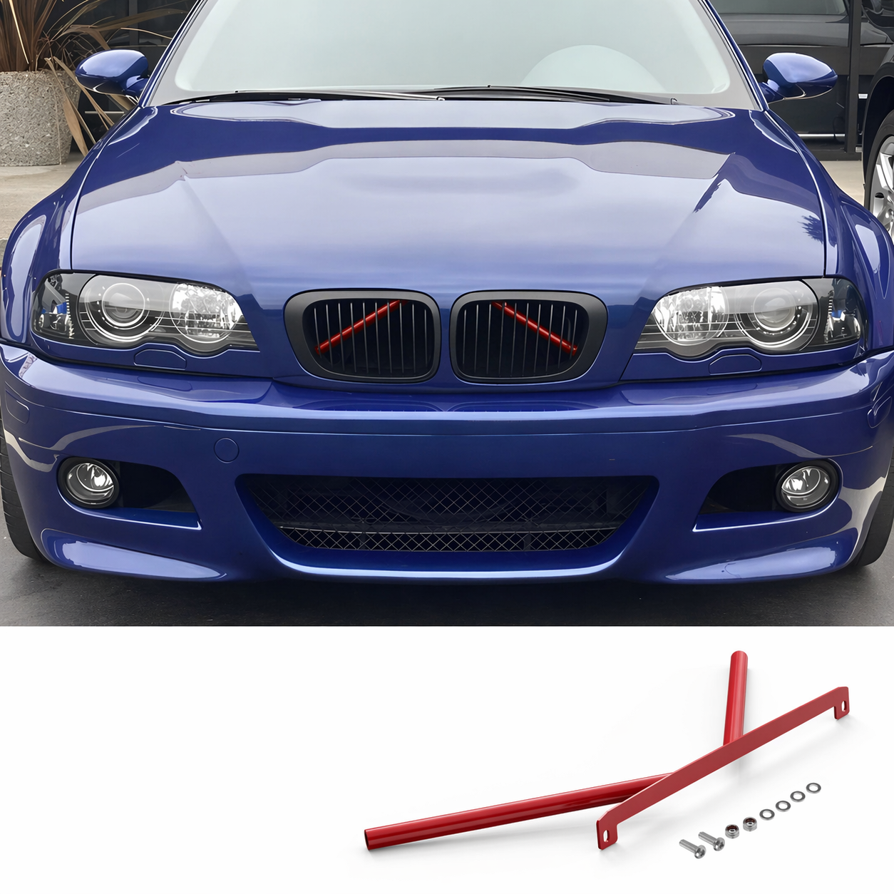 Renfort de calandre avant BMW E46 Kidney Struts V Brace monté sur véhicule, finition rouge