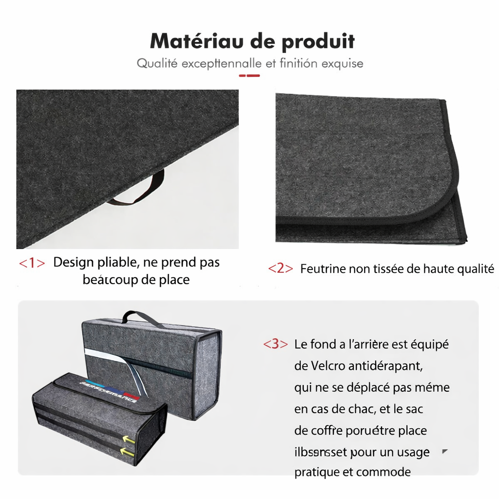Détails du matériau et de la finition du sac de coffre en feutrine Performance
