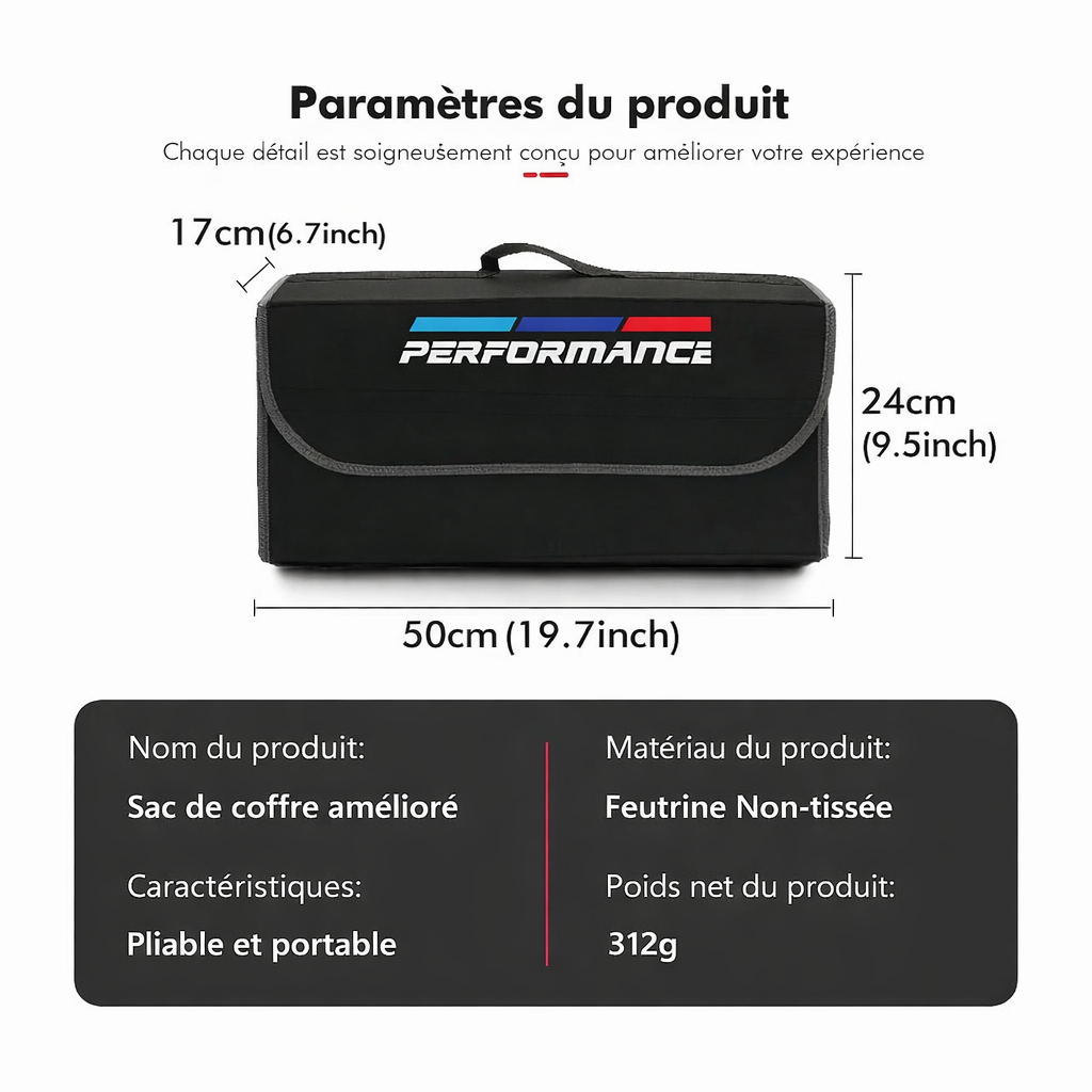 Dimensions du sac de coffre en feutrine avec mesures indiquées sur l’image