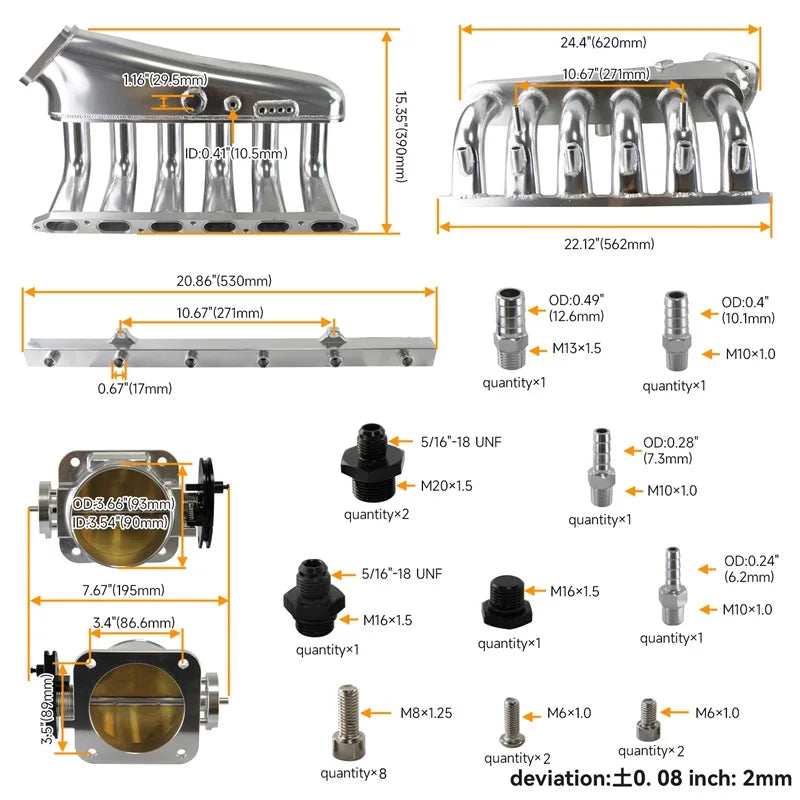 Schéma avec dimensions et composants du collecteur d’admission BMW argent avec papillon 90 mm