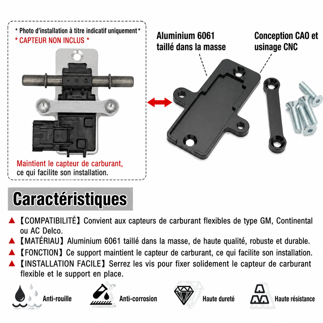Support de capteur flex fuel E85 en aluminium CNC avec caractéristiques produit