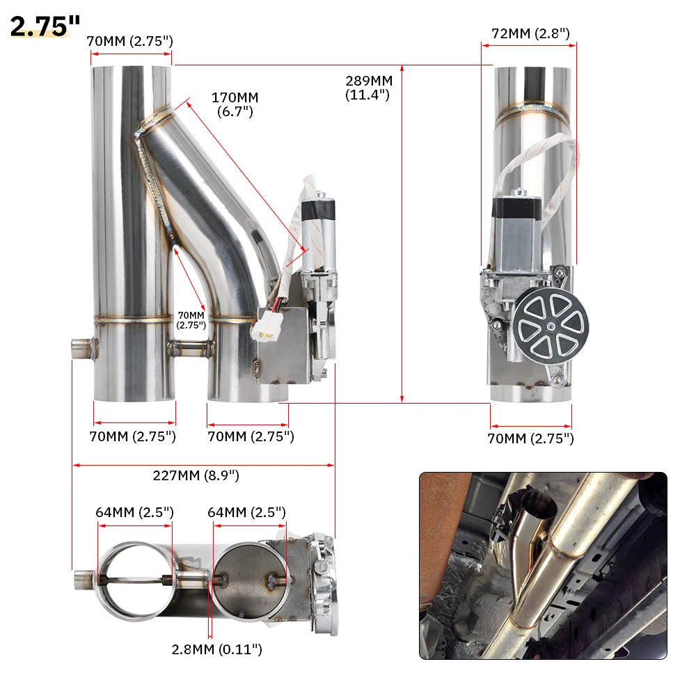 Dimensions et détails de la vanne d’échappement électrique universelle double sortie