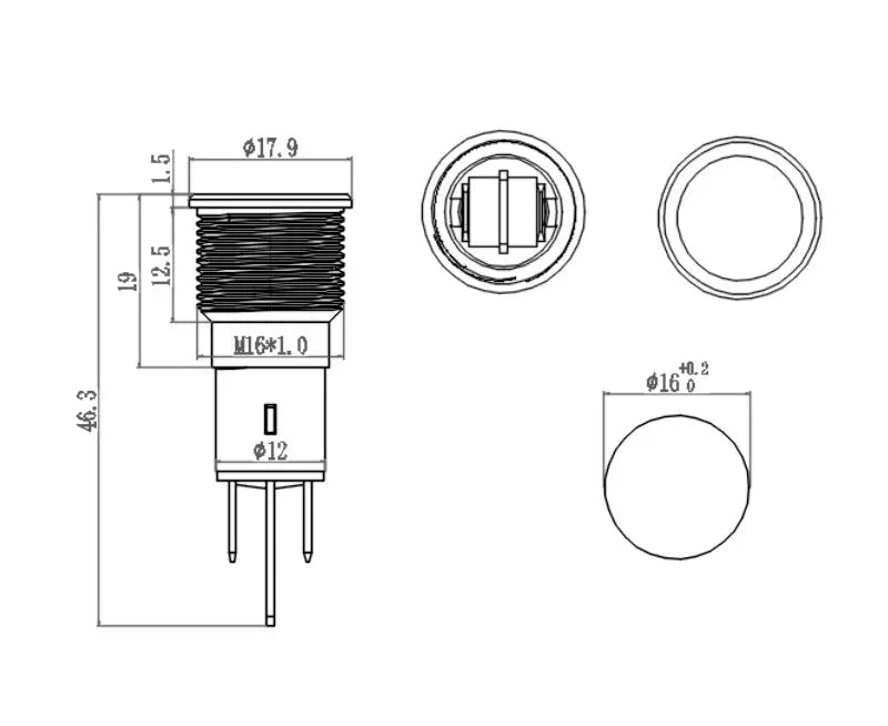 Schéma de dimensions d’un voyant LED métal universel noir pour montage sur panneau