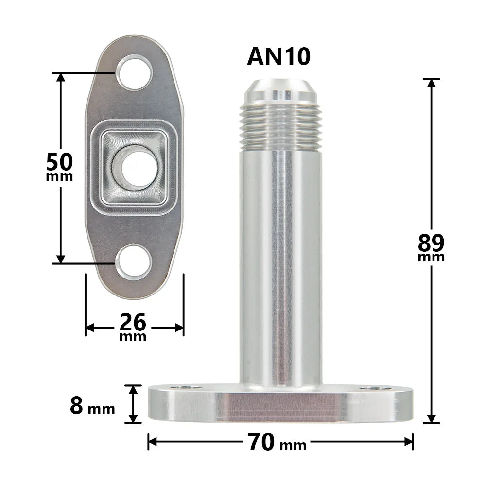 Schéma coté de la bride longue de retour d’huile turbo AN10 entraxe 51 mm