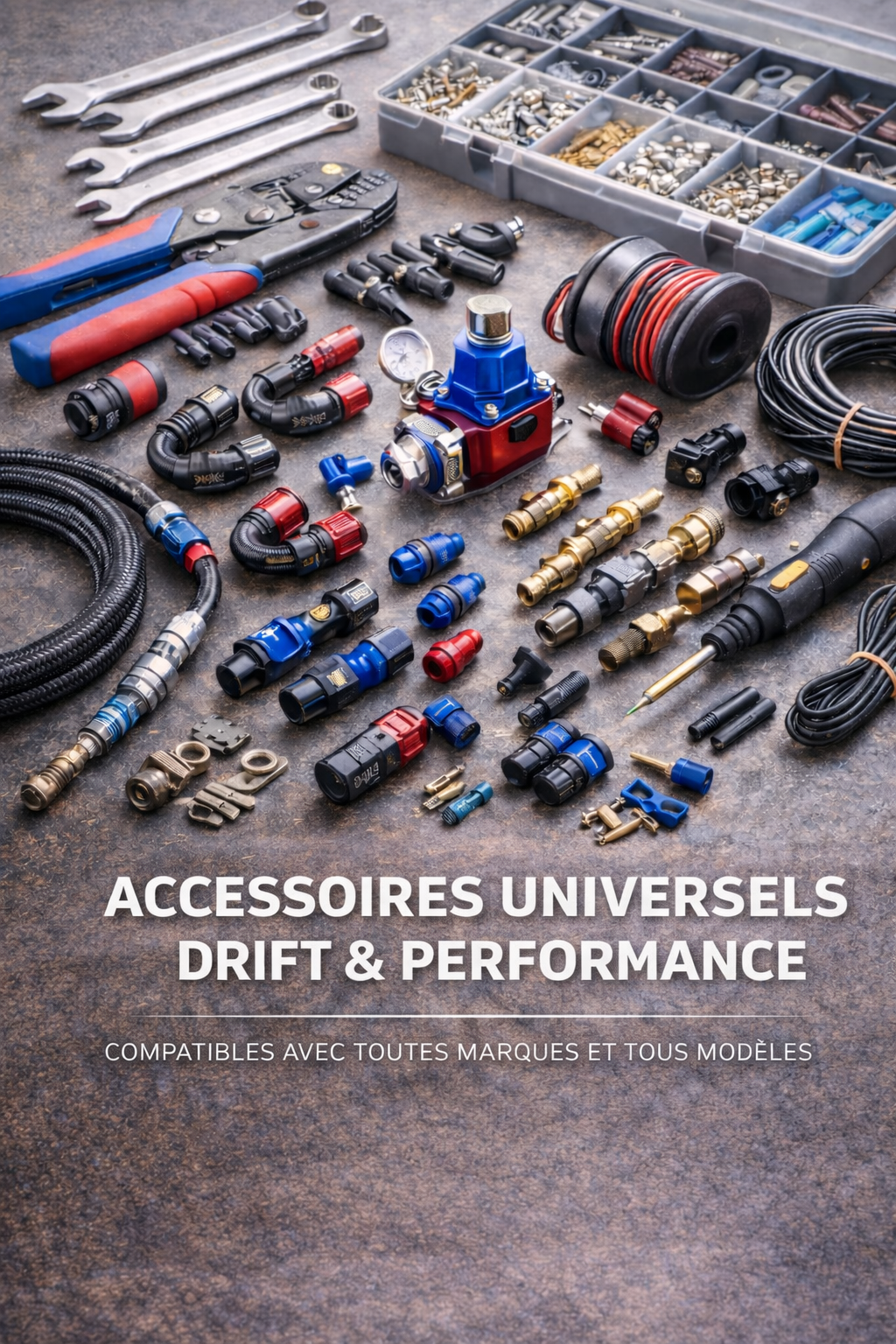 Collection accessoires universels drift et performance avec raccords, durites et pièces techniques