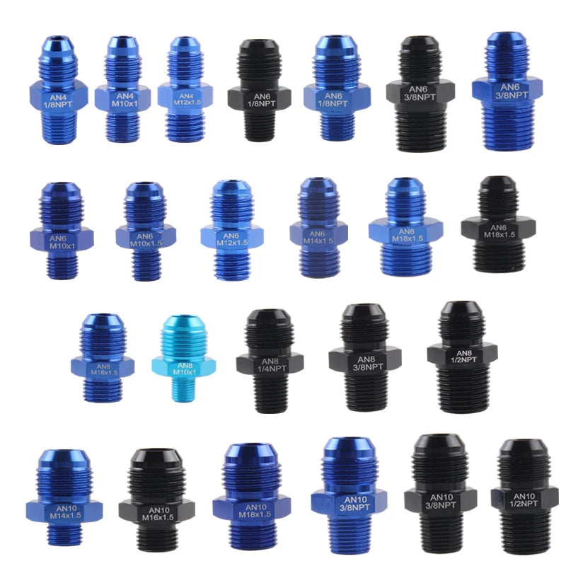Sélection d’adaptateurs droits mâles AN4 AN6 AN8 AN10 vers filetage métrique M10 à M18 en aluminium bleu et noir