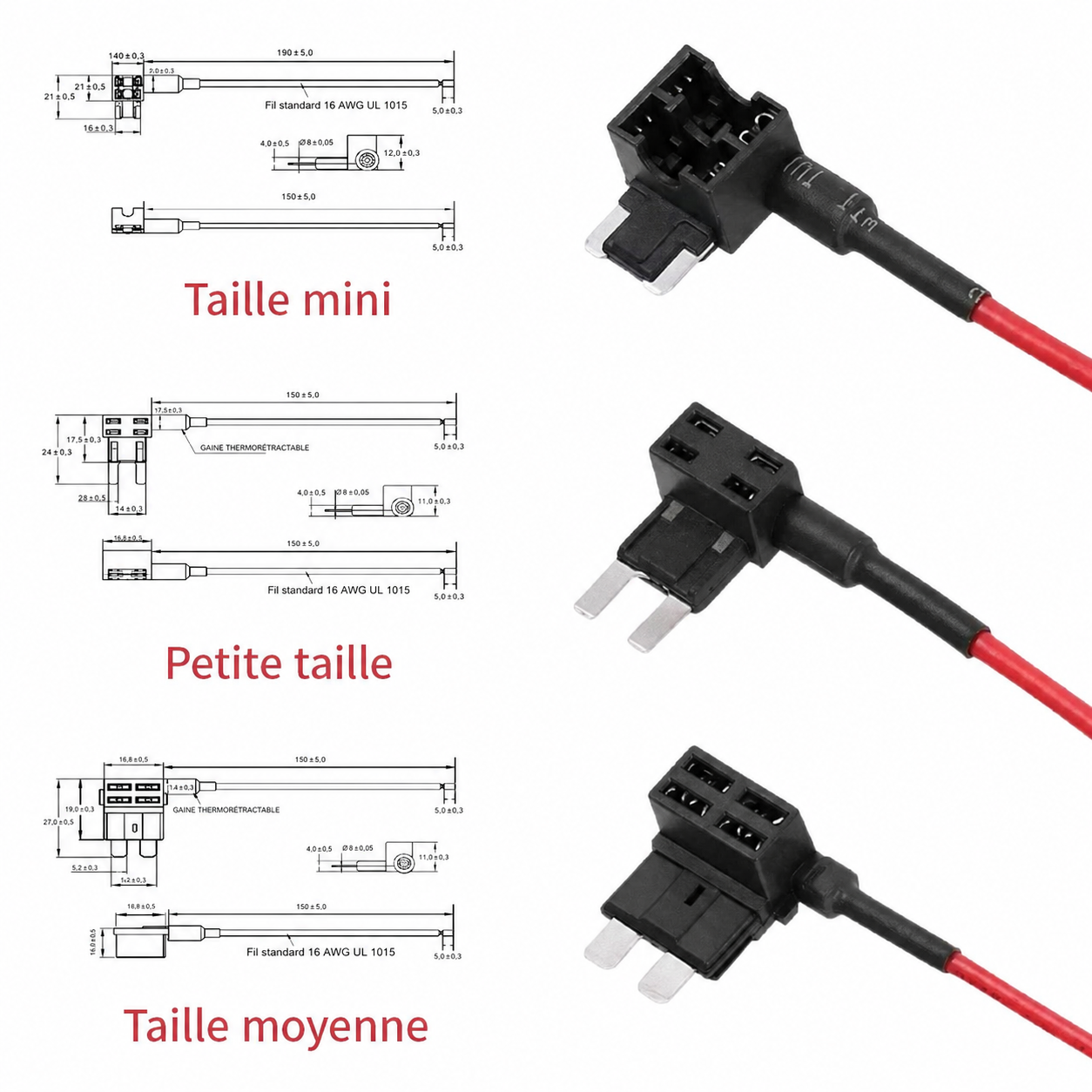 Dimensions des adaptateurs porte-fusible additionnels 12V en format mini, petit et moyen