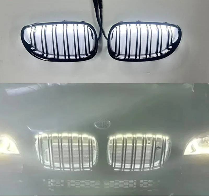 Calandre BMW noir brillant avec LED, présentée allumée avec aperçu du rendu monté sur la voiture