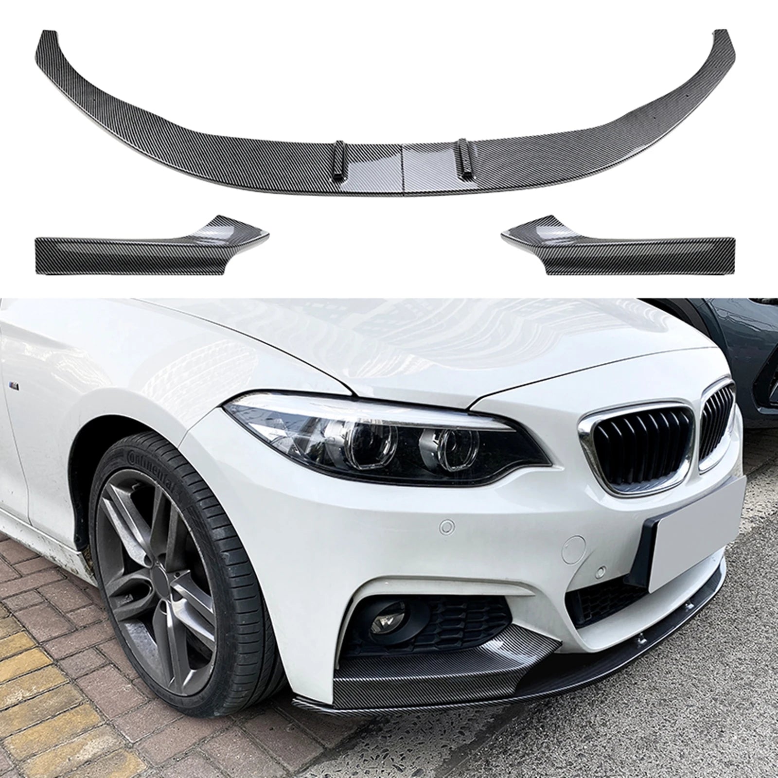 Lame avant BMW Série 2 F22 F23 M Sport en carbone avec kit complet et rendu monté sur voiture blanche