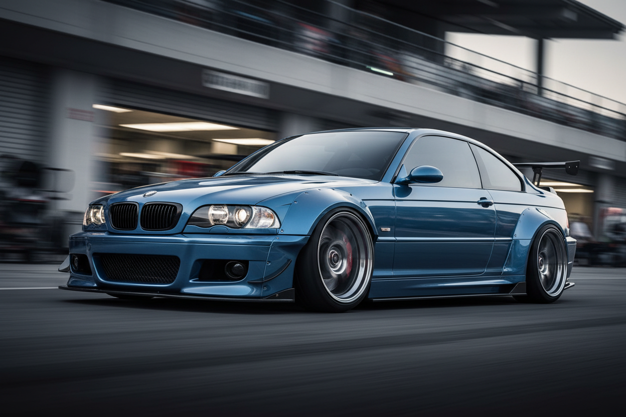Collection BMW E46 avec coupé bleu au look sportif en mouvement