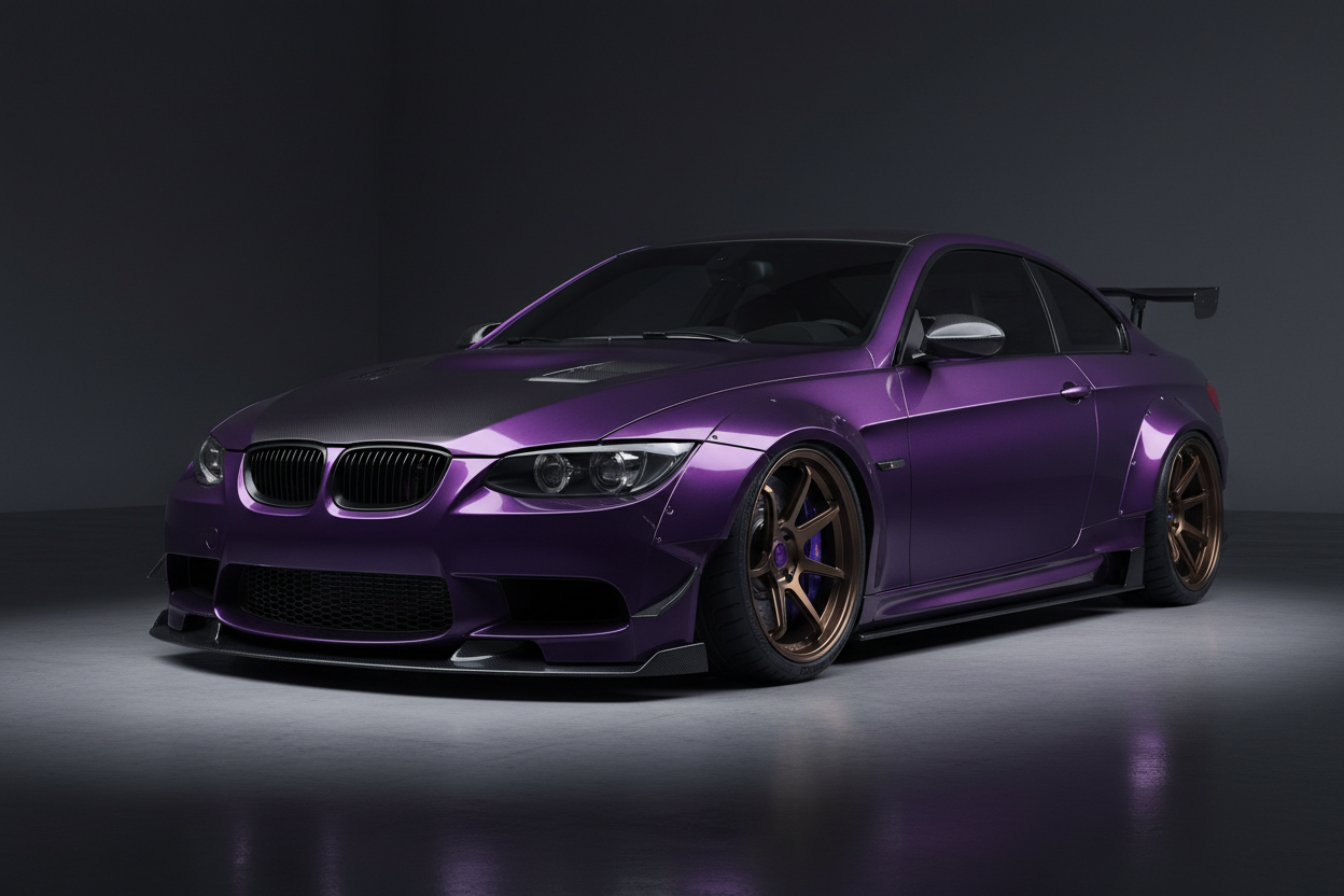 Collection BMW E9X avec coupé violet au style sportif sur fond sombre