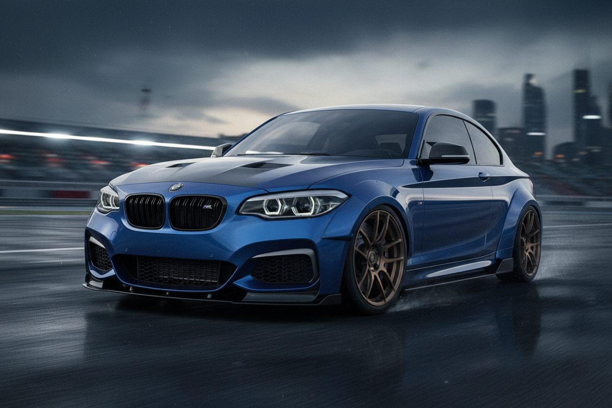 Collection BMW F2X avec berline bleue au look sportif sur fond urbain