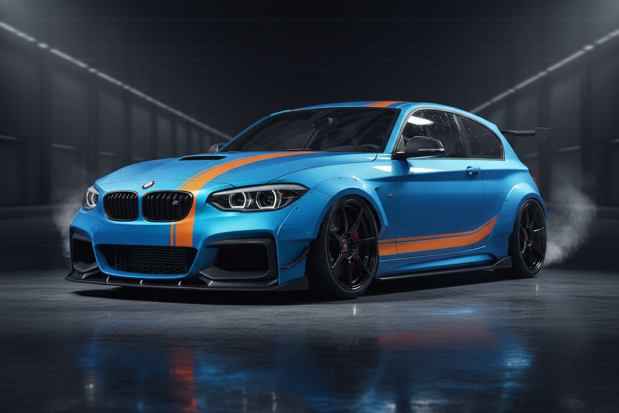 Collection BMW F40 avec compacte bleue au look sportif sur fond studio