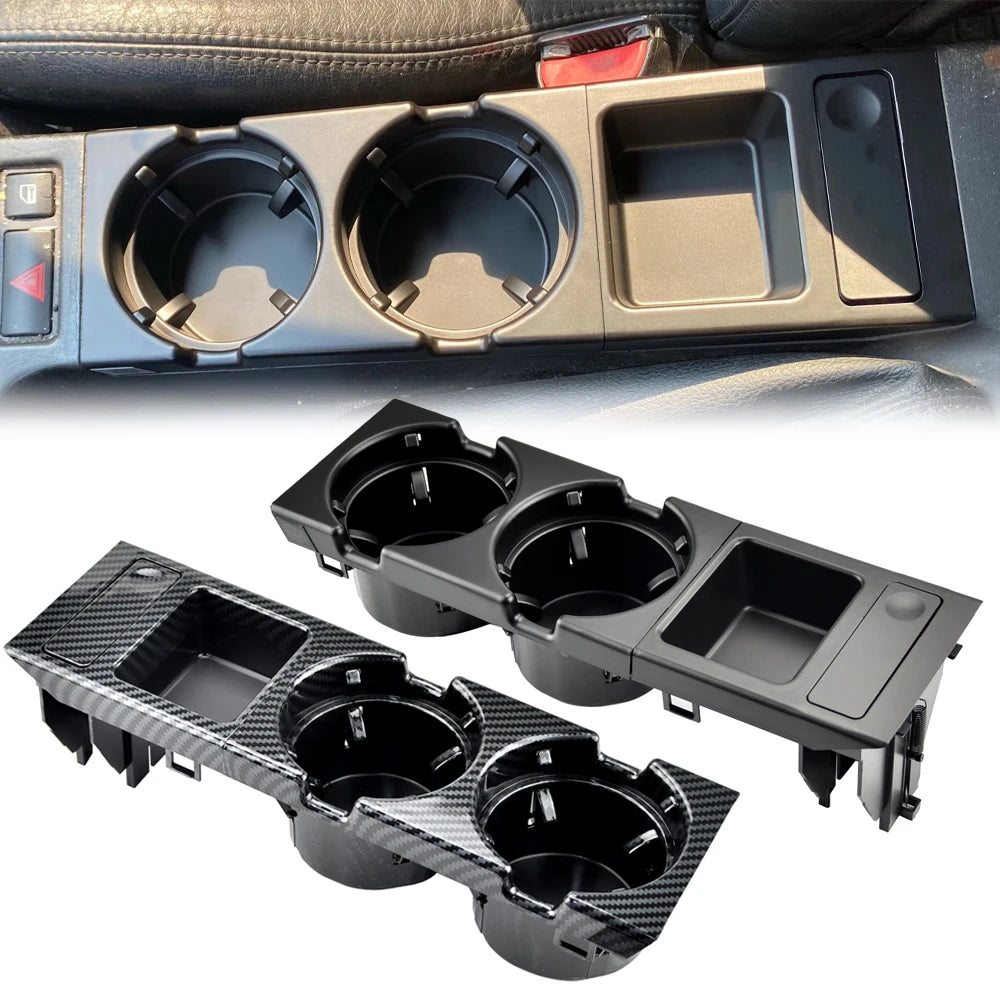 Boîte de rangement de console centrale avec porte-gobelet double pour BMW Série 3 E46 installée dans l’habitacle avec aperçu du rendu monté