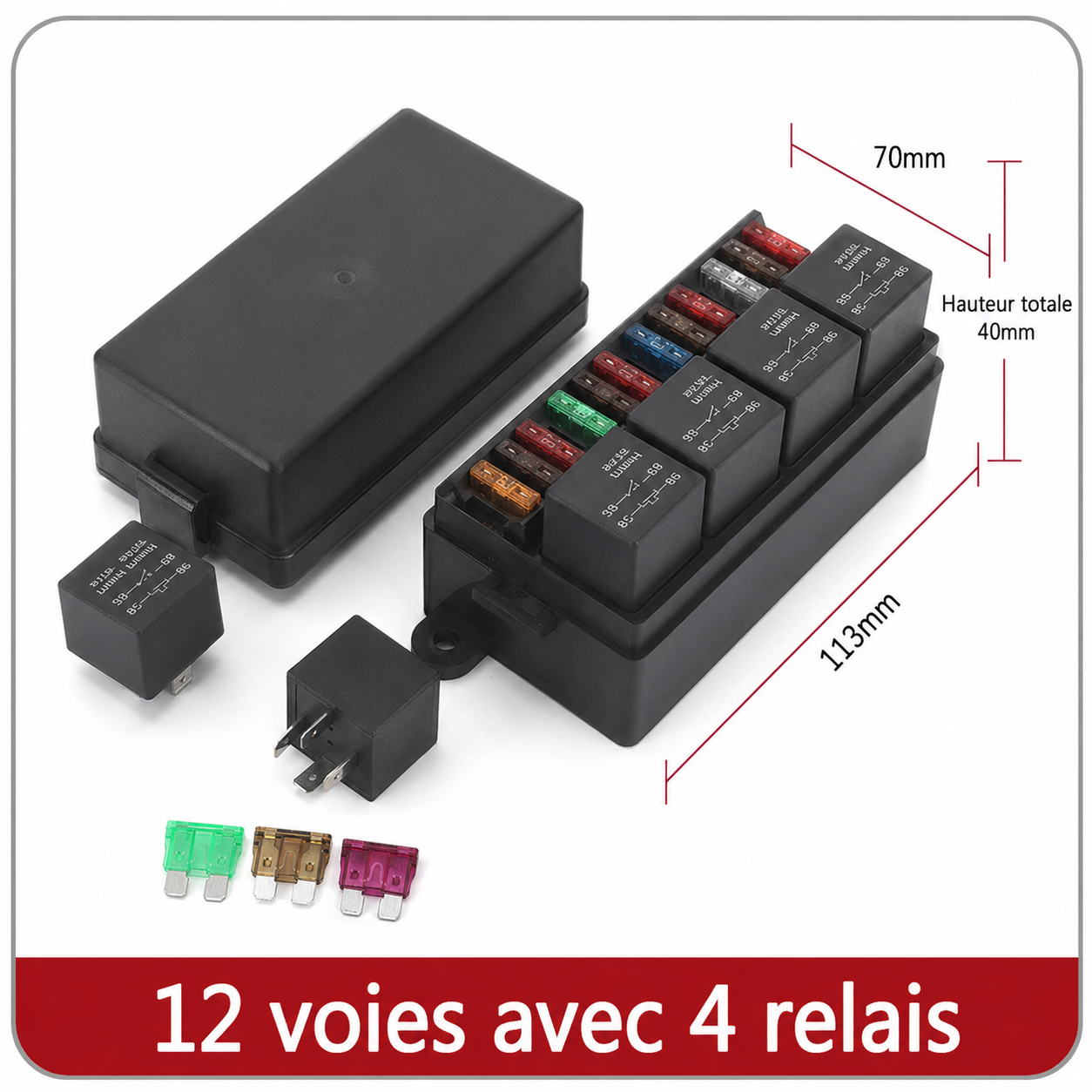 Dimensions du boîtier porte-fusibles automobile 12V en version 12 voies avec 4 relais