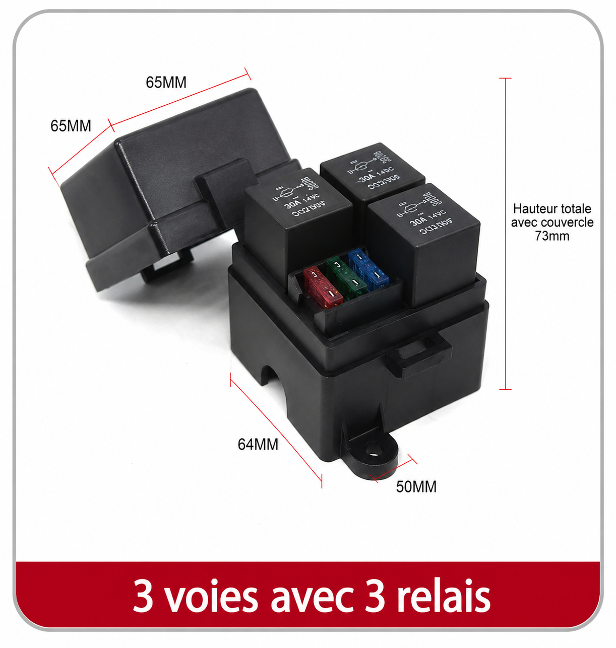 Dimensions du boîtier porte-fusibles automobile 12V en version 3 voies avec 3 relais