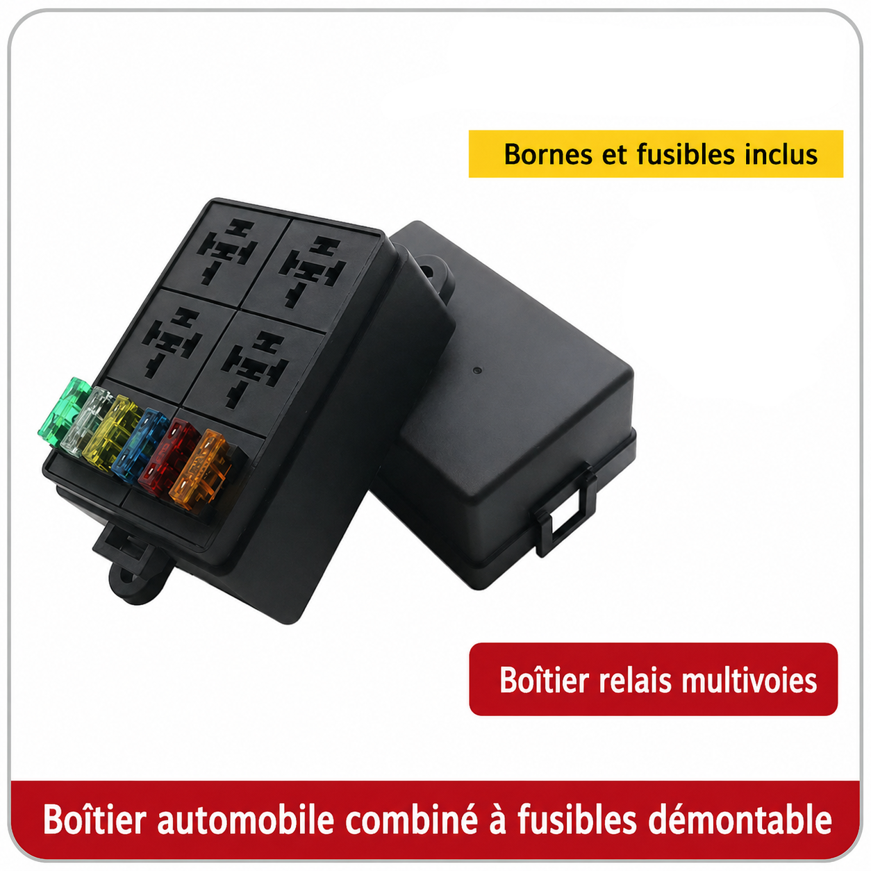 Boîtier porte-fusibles automobile 12V avec relais intégrés, couvercle amovible et fusibles inclus