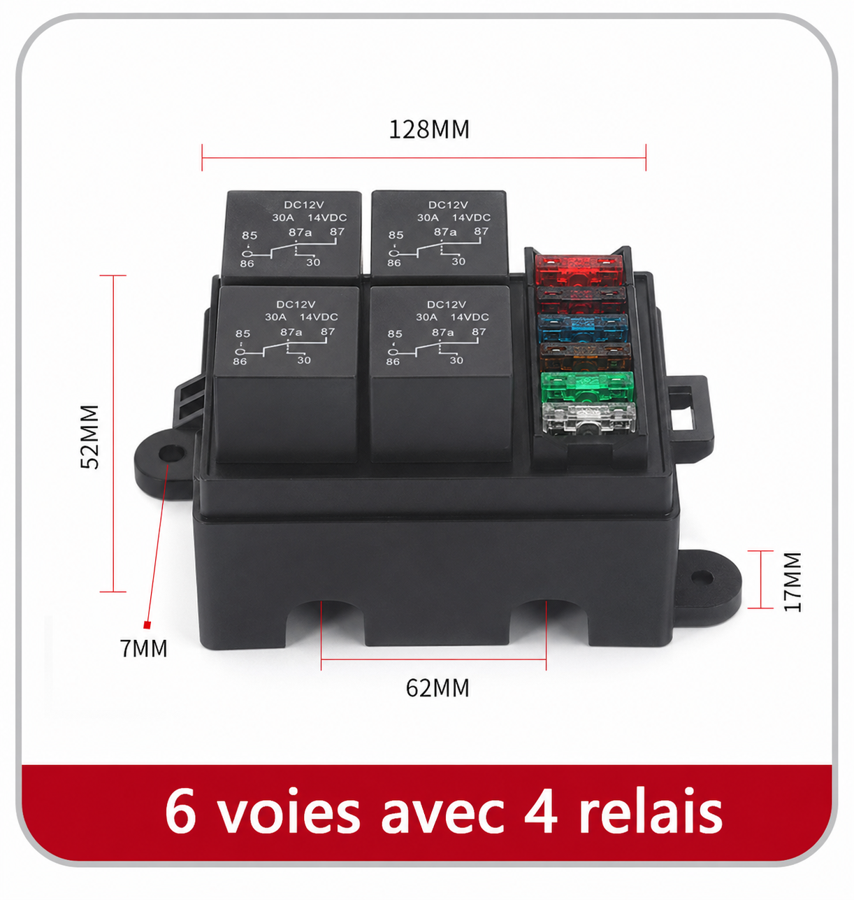 Dimensions du boîtier porte-fusibles automobile 12V en version 6 voies avec 4 relais