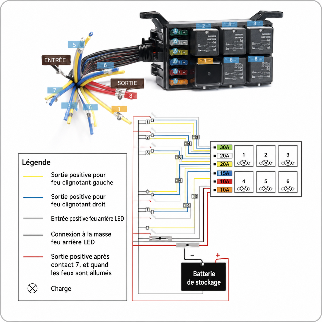 Branchement du boîtier porte-fusibles automobile 12V avec relais intégrés et légende des connexions