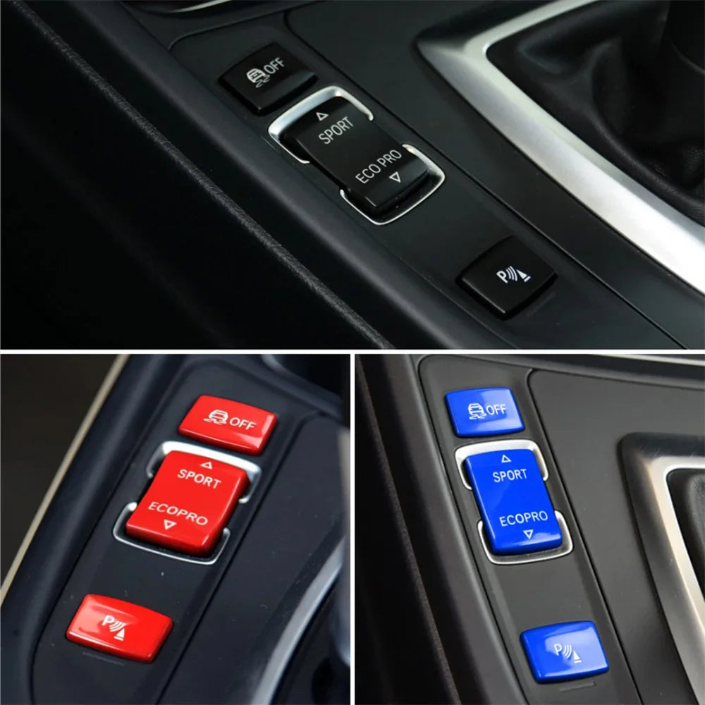 Aperçu des boutons BMW rouge et bleu montés sur la console centrale