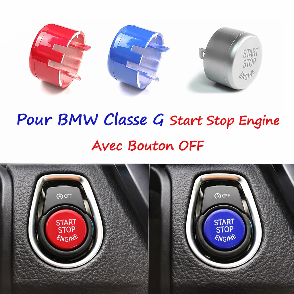 Bouton Start Stop BMW avec fonction OFF en rouge, bleu et argent, avec aperçu du rendu monté