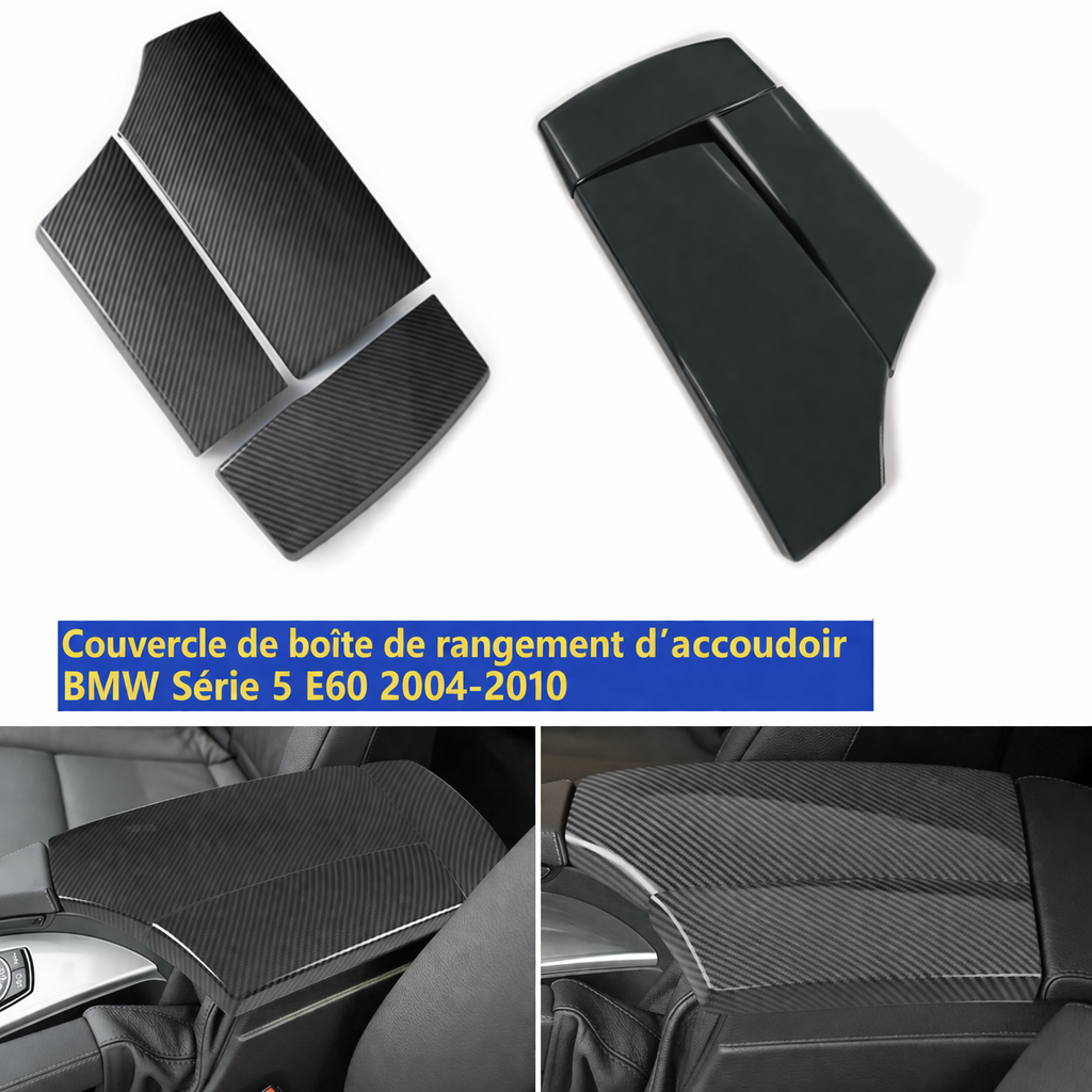 Cache d’accoudoir central BMW E60 aspect carbone avec aperçu du rendu monté dans l’habitacle