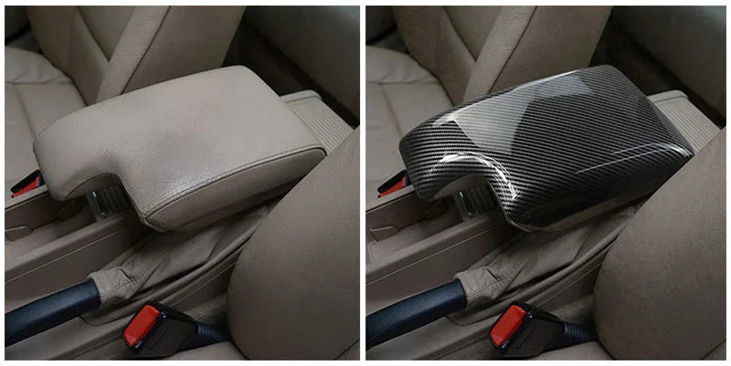Comparaison avant après du cache d’accoudoir de console centrale en carbone pour BMW Série 3 E46 monté dans l’habitacle