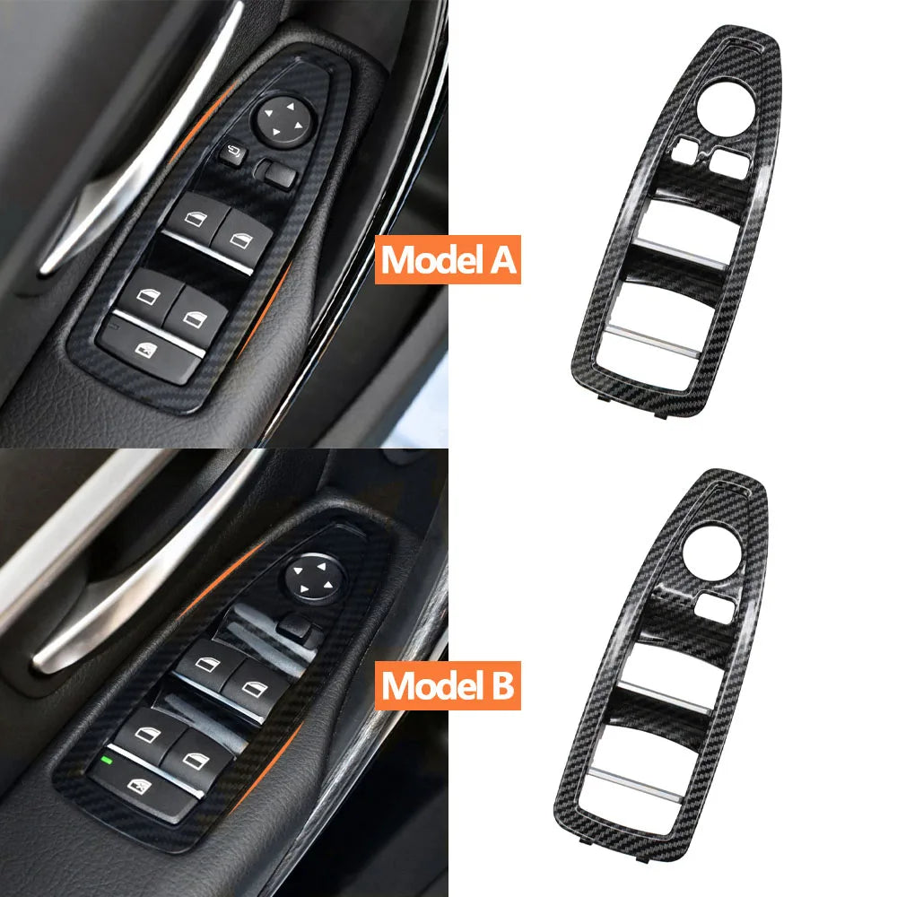 Comparaison des modèles A et B de cache boutons de vitres BMW en aspect carbone