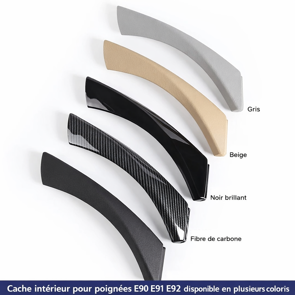 Caches de poignée intérieure de porte BMW E90 E91 en noir, beige, gris et aspect carbone