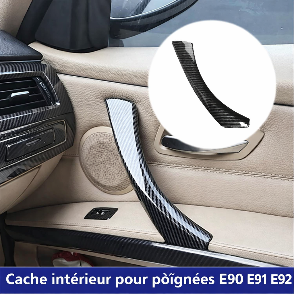 Cache de poignée intérieure BMW E90 E91 aspect carbone monté dans l’habitacle beige