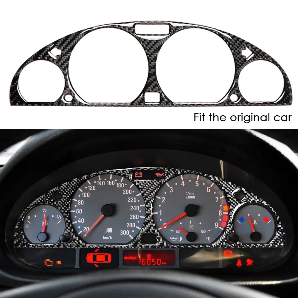 Cache de contour de compteur en carbone pour BMW Série 3 E46 de 1998 à 2005 avec aperçu de l’ajustement sur le combiné d’instruments