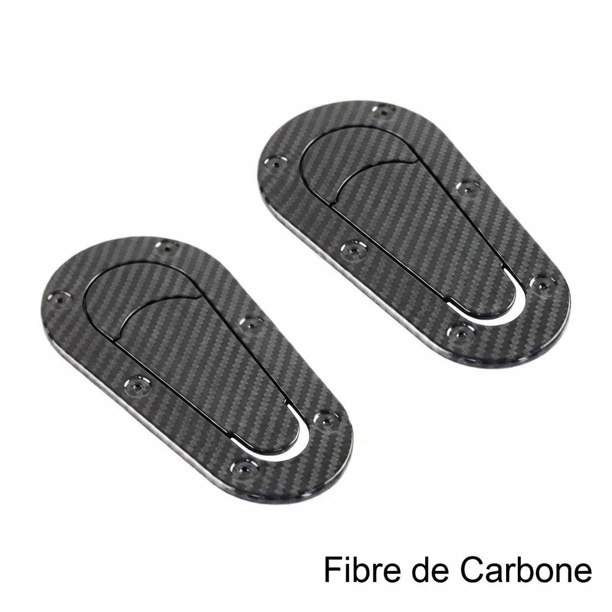 Paire de caches verrou de capot universels en fibre de carbone sur fond blanc
