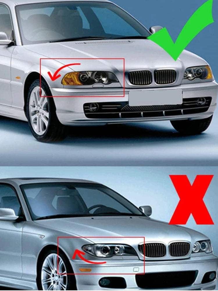 Visuel de compatibilité de la calandre BMW E46 coupé cabriolet phase 1 pré-LCI avec exemple de face avant compatible et non compatible