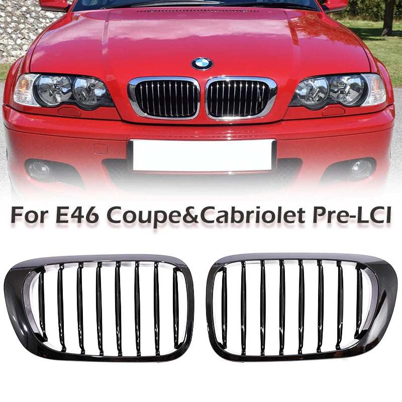 Calandre BMW E46 coupé cabriolet phase 1 pré-LCI de 1999 à 2007 avec aperçu du rendu monté sur voiture rouge et paire de grilles présentée en bas