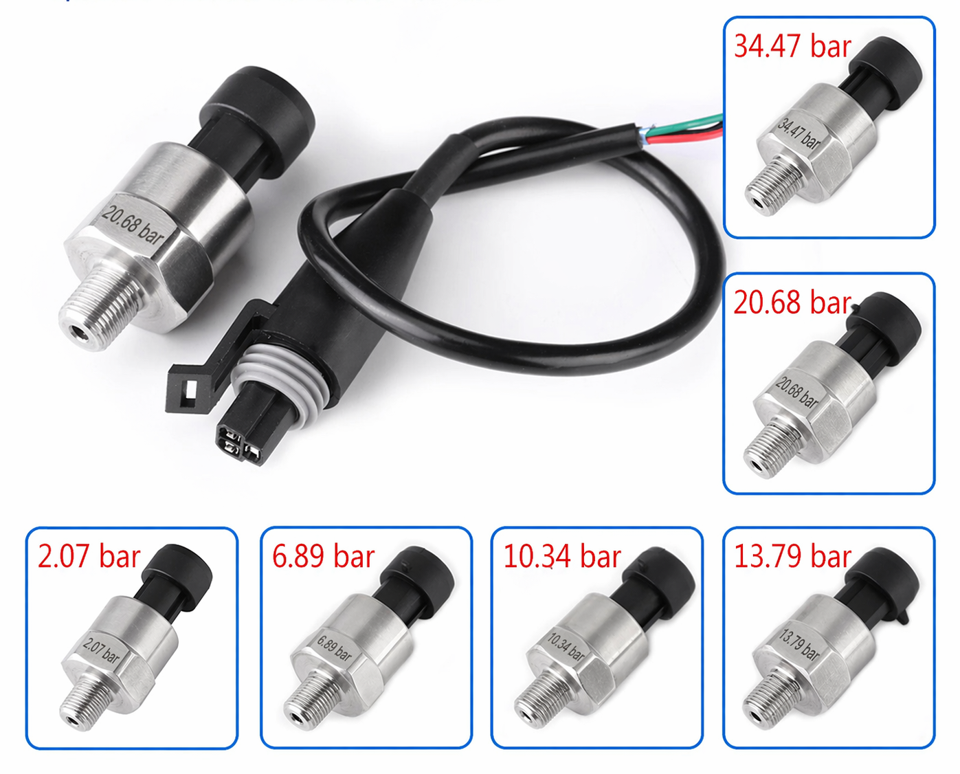 Capteur de pression inox 1/8 NPT 5V pour huile, essence, air et eau de 2,1 à 34 bar