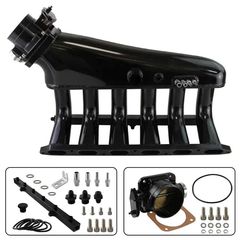 Collecteur d’admission aluminium noir BMW M50 M52 S50 S52 avec rampe d’injection et papillon 90 mm