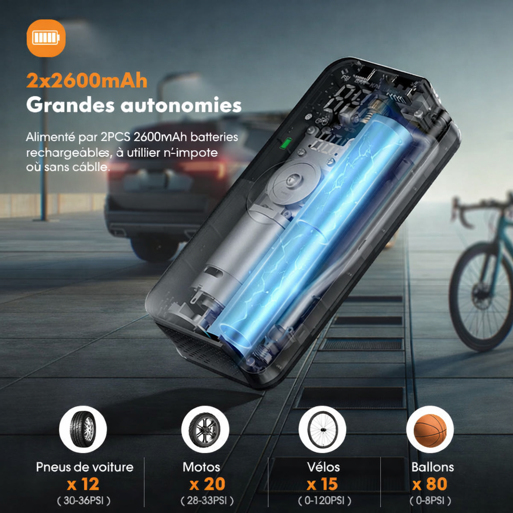 Compresseur d’air CARSUN avec indication de l’autonomie et des usages