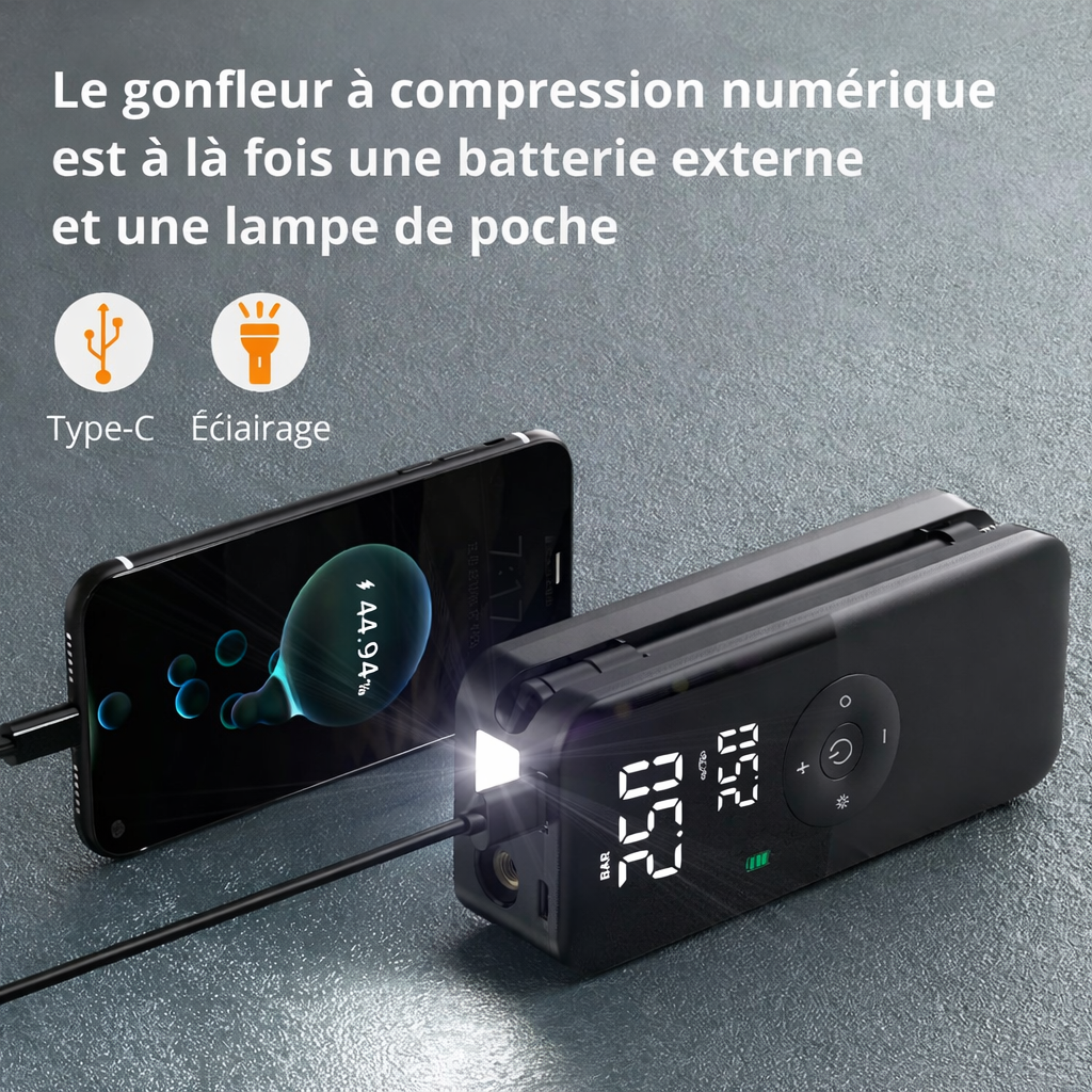 Compresseur d’air CARSUN avec lampe intégrée et fonction batterie externe