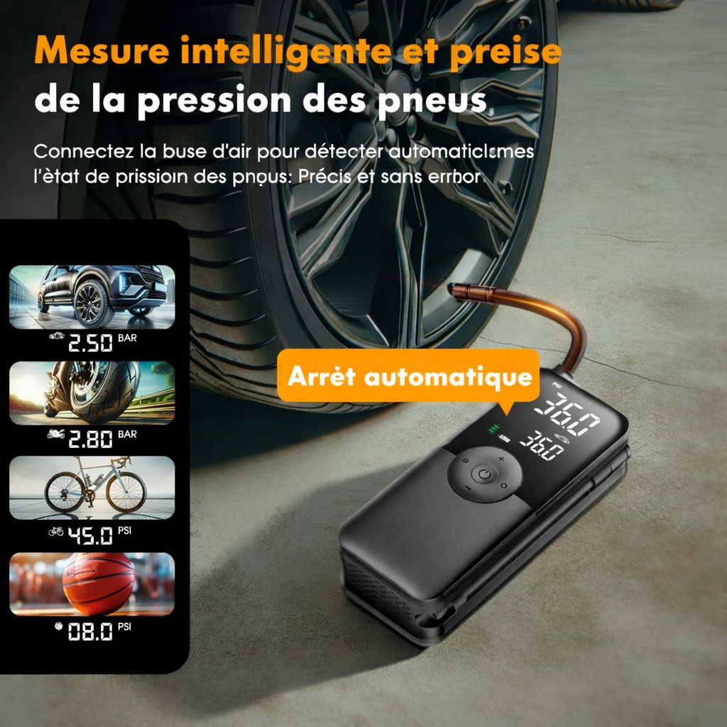 Compresseur d’air CARSUN en utilisation pour le gonflage précis des pneus
