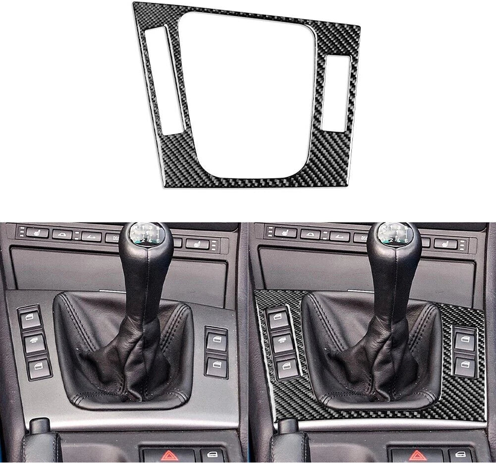 Contour de levier de vitesse BMW E46 finition carbone présenté seul avec aperçu du rendu installé