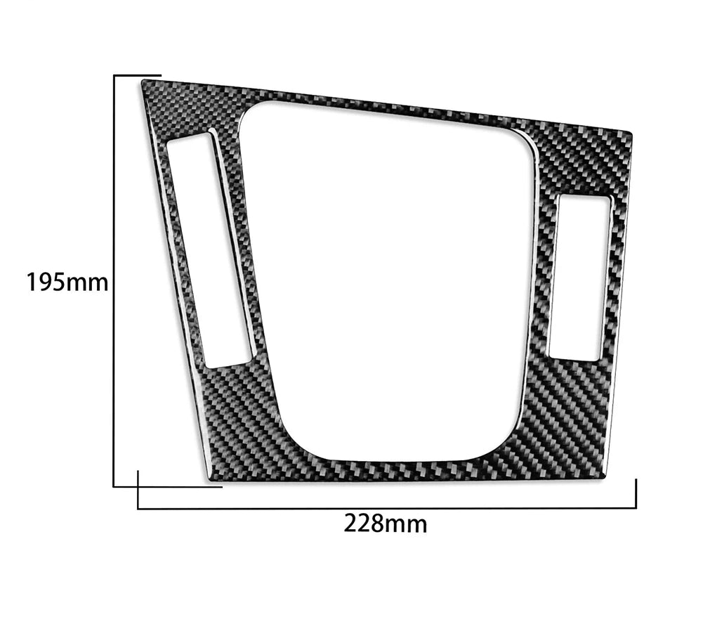 Contour de levier de vitesse BMW E46 finition carbone avec dimensions indiquées sur fond blanc