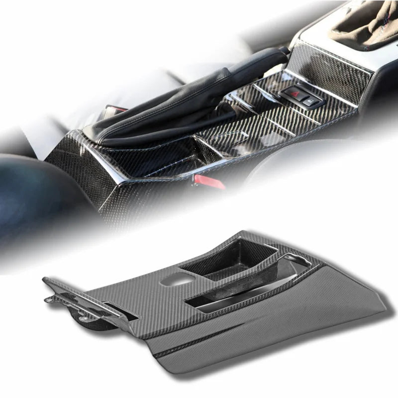 Contour de levier de vitesse BMW E46 M3 CSL en carbone pour console centrale, avec vue du rendu monté et pièce présentée sur fond blanc